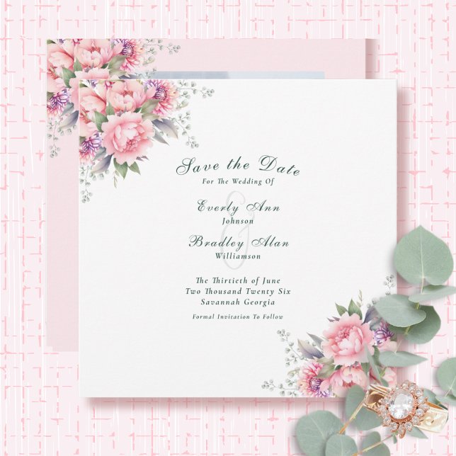 Save The Date Élégant Script Floral Rose-Violet (Créateur téléchargé)