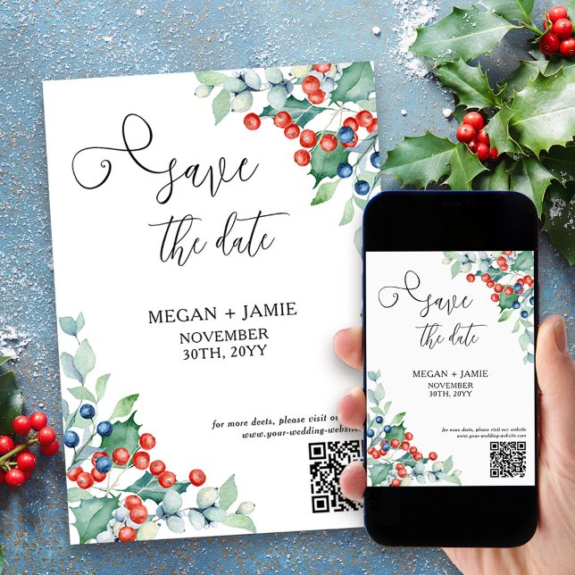 Save The Date Élégant Script Holly et Berries d'hiver (Save the Date with Holly and Winter Berries for holiday season engagement or winter wedding)