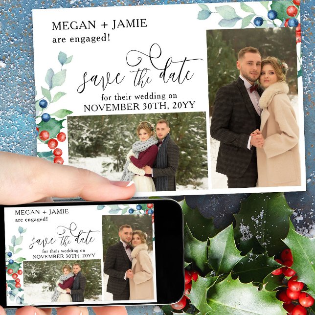 Save The Date Élégant Script Houx Baies d'Hiver 2 Photo (Winter engagement announcement save the date from Winter Berries Wedding suite)