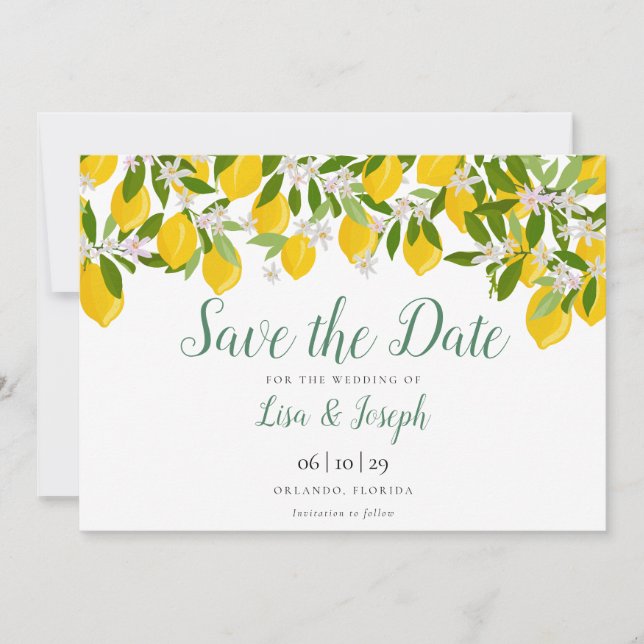 Save The Date Élégant Script Lemons Blossom (Devant)