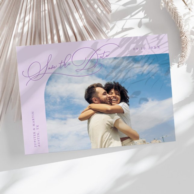 Save The Date Elegant Script Lilac Curved Frame Photo (Créateur téléchargé)