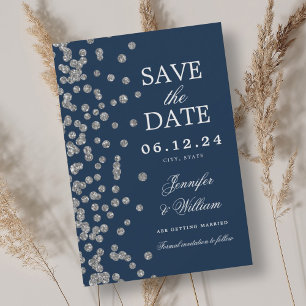Save The Date Élégant Script Mariage Silver Confetti Navy