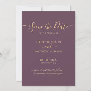 Save The Date Élégant script minimaliste Mauve et Mariage or