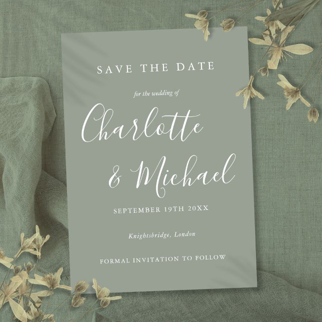 Save The Date Élégant script moderne (Elegant Modern Sage Green Script Wedding Save The Date)