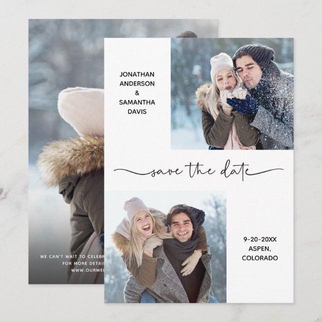 Save The Date Élégant Script Moderne Collage Photo Enregistrer L (Devant / Derrière)