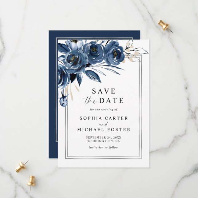Save The Date Elegant Script Navy Blue Floral Photo Wedding (Devant/Arrière en situation)