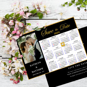 Save The Date Élégant script or sur Black Photo 2024 Calendrier