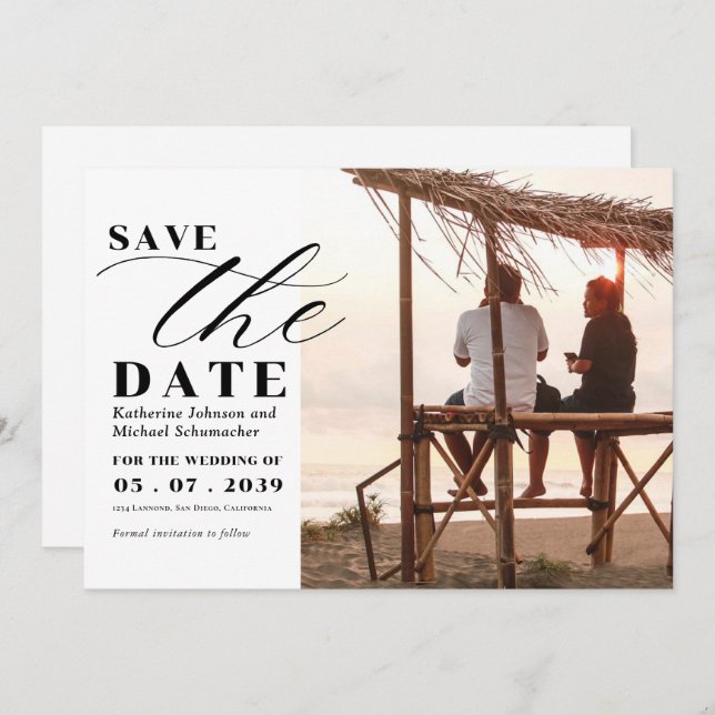 Save The Date Elégant script photo calligraphie & QR Code Mariag (Devant / Derrière)