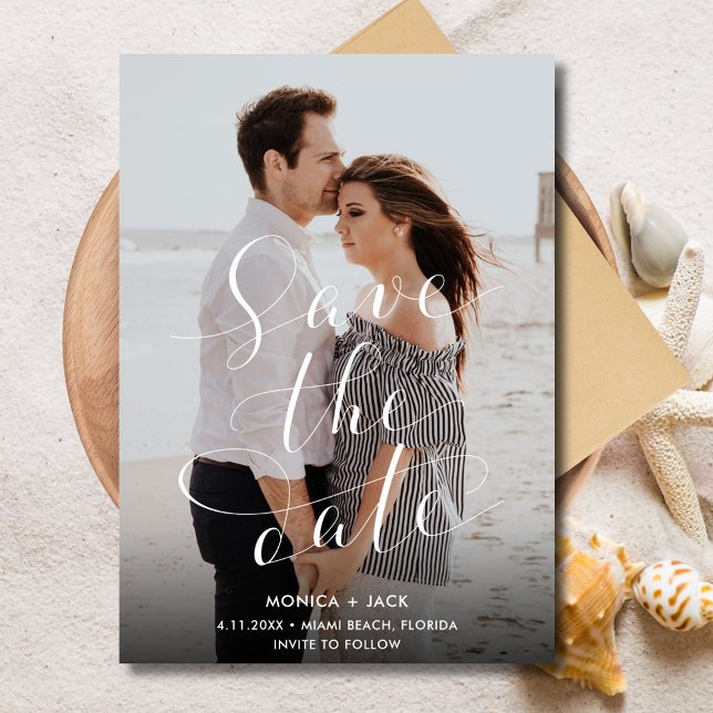 Save The Date Élégant Script Photo Florida Beach Mariage (Elegant Script Photo Florida Beach Wedding Save The Date)