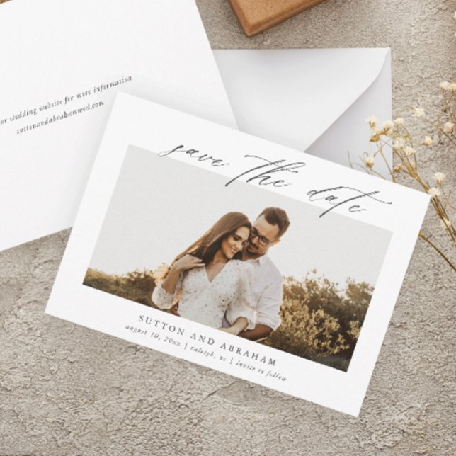 Save The Date Élégant Script Photo Mariage  (Elegant script calligraphy photo wedding save the date announcement cards.)