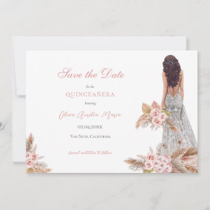 Save The Date Élégant Script Rose Pampas Grass Quinceañera
