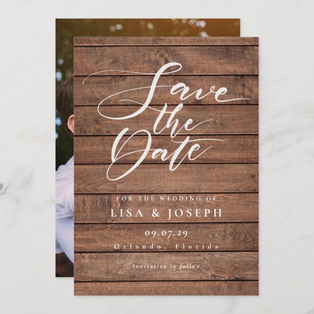 Save The Date Élégant Script Rustique Mariage photo en bois (Devant / Derrière)