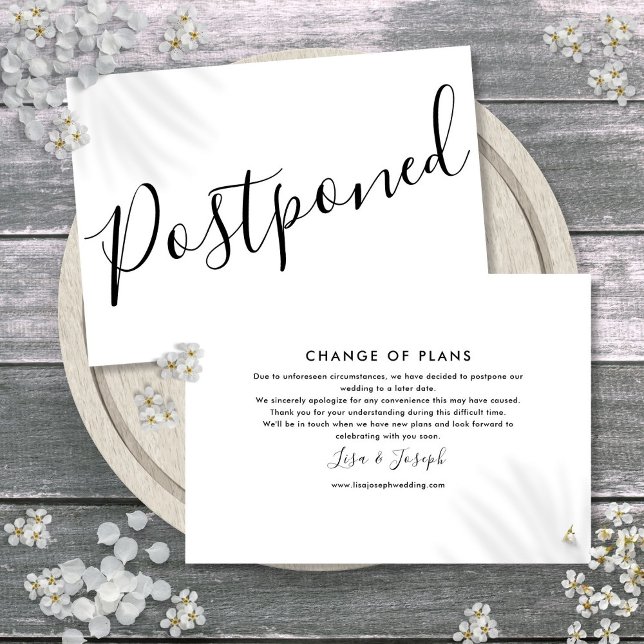 Save The Date Élégant script simple noir et blanc reporté (Simple Black and White Postponed Elegant Script Save The Date)