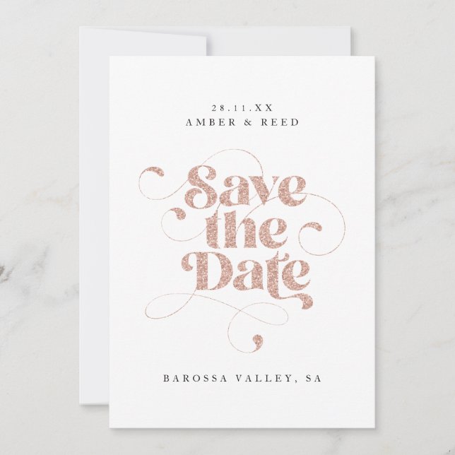 Save The Date Élégant Script Words Rose Gold Faux Parties scinti (Devant)