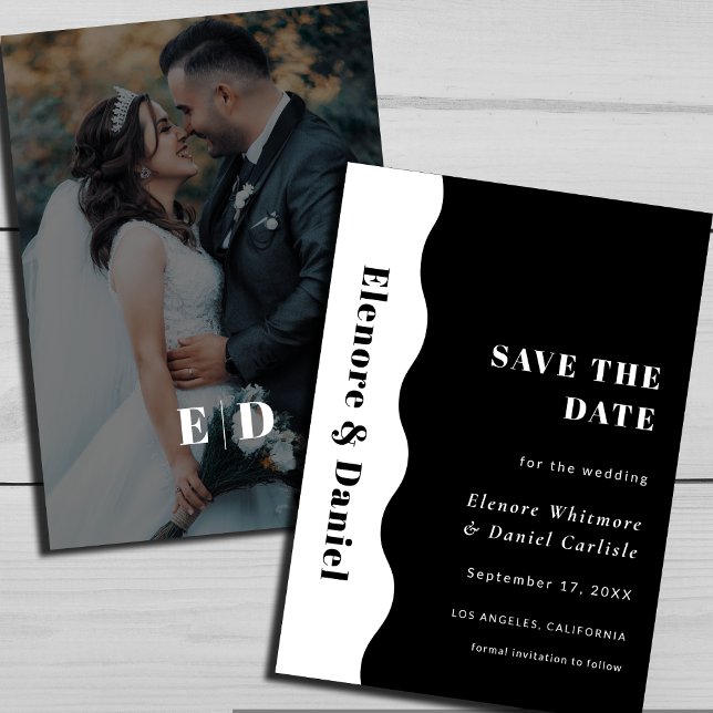 Save The Date Elegant Side Wave noir et blanc Mariage photo (Elegant Side Wave Black and White Photo Wedding Save The Date)