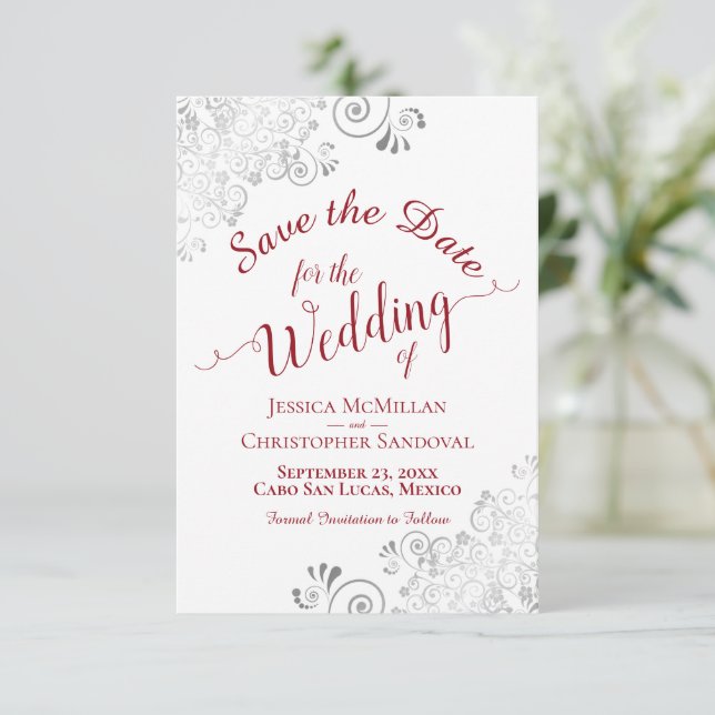 Save The Date Elégant Silver Lace Filigree Rouge sur Mariage bla (Debout devant)