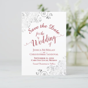 Save The Date Elégant Silver Lace Filigree Rouge sur Mariage bla