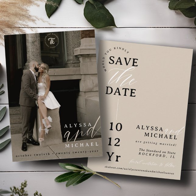 Save The Date Elégant Simple Moderne Champagne Tan Mariage Photo (Elegant modern photo typography script simple wedding save the date, black and white, champagne tan)