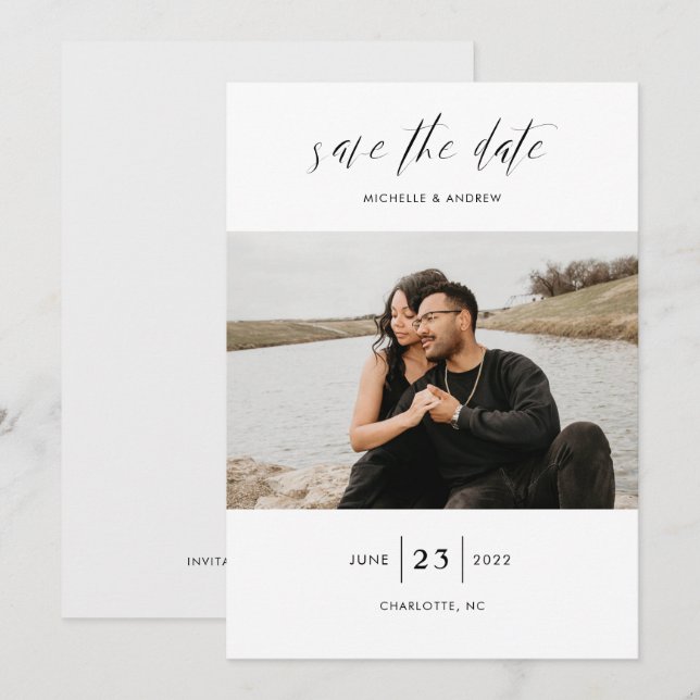 Save The Date Élégant Simple Moderne Script Mariage Photo Enregi (Devant / Derrière)