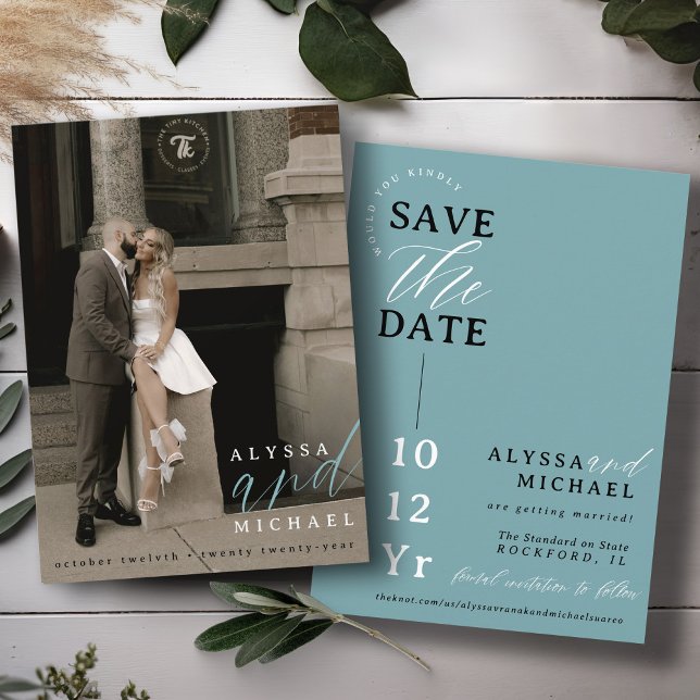 Save The Date Élégant Simple Moderne Soft Turquoise Photo Mariag (Elegant modern photo typography script simple wedding save the date, black, white, soft dusty teal )