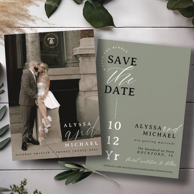 Save The Date Élégant Simple Moderne Vert Sauge Photo Mariage (Elegant modern photo typography script simple wedding save the date, black & white, moss, sage green)