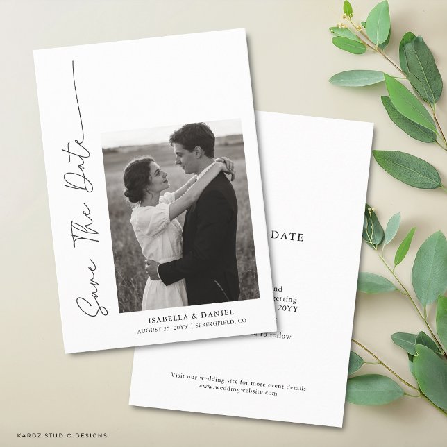 Save The Date Élégant Simple Script Photo Mariage (Front and back of card are shown in 3.5 x 5 inches. Choose size, paper and corner style.)