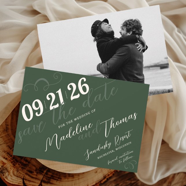 Save The Date Élégant Simple Script Vert Sage Photo Mariage (Elegant simple modern swirl slant script dark sage olive green classic photo wedding save the date)