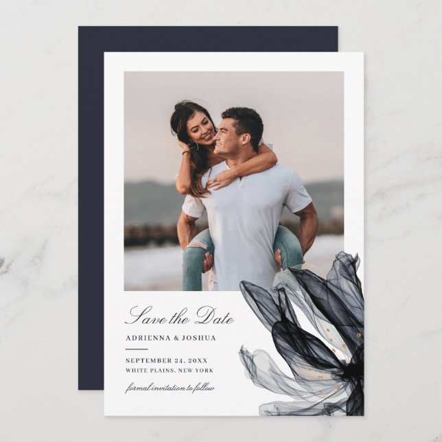 Save The Date Elégant Smoky Floral Navy Mariage photo (Devant / Derrière)