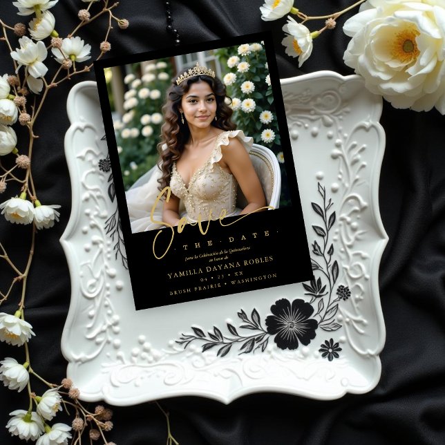 Save The Date Elegant Spanish Black Trendy Quinceañera Photo (Spanish Black Trendy Quinceañera Photo Save the Date Card Design. )