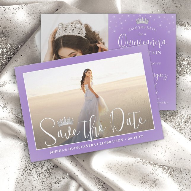 Save The Date Elegant Sparkles Quinceañera 2 Photo Lilac Purple (Créateur téléchargé)