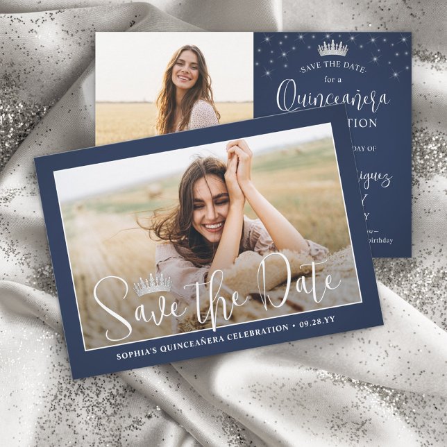Save The Date Elegant Sparkles Quinceañera 2 Photo Navy Blue (Créateur téléchargé)