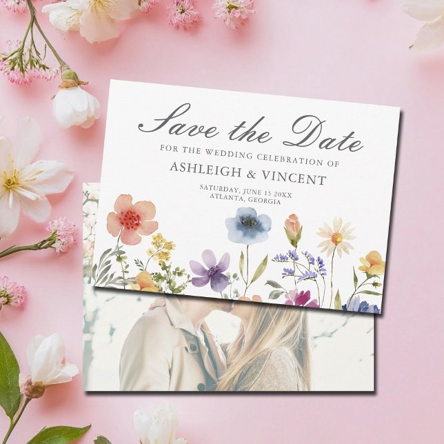 Save The Date Elegant Spring Wildflowers with Photo Back (Créateur téléchargé)