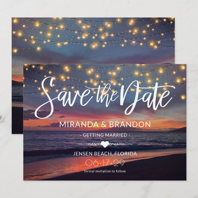 Save The Date Elégant Sunset Beach String Lights Mariage été (Devant / Derrière)