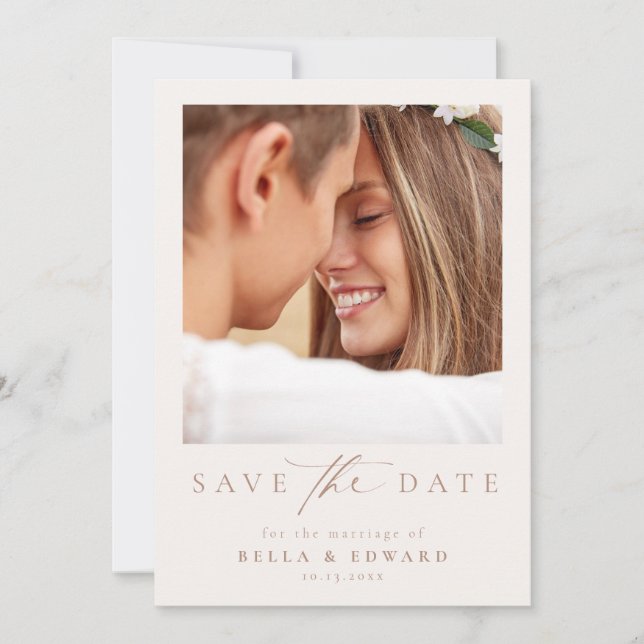 Save The Date Elégant Taupe Ivory Photo Mariage Enregistrer La D (Devant)