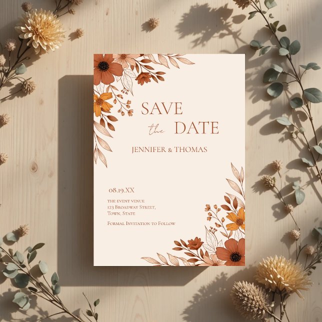 Save The Date Elegant Terracotta Floral Hand-Drawn Wedding (Elegant Terracotta Floral Hand-Drawn Wedding Save The Date)