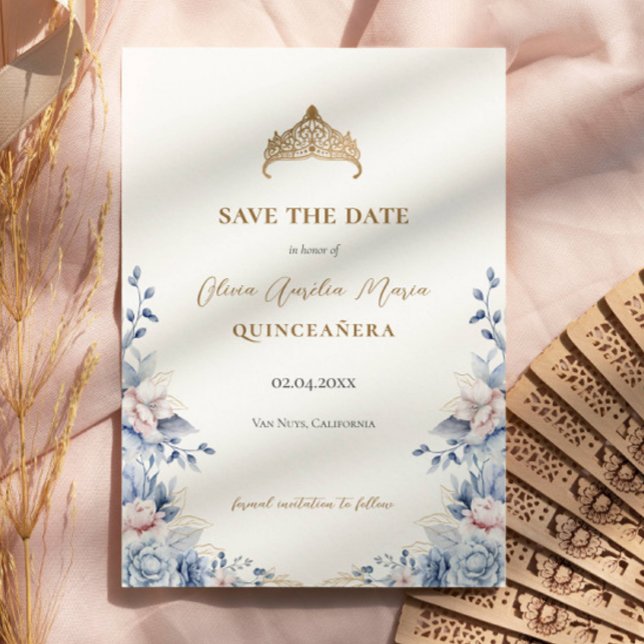 Save The Date Elégant Tiara Floral Quinceañera Photo (Créateur téléchargé)