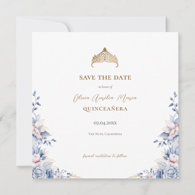 Save The Date Elégant Tiara Floral Quinceañera Photo (Devant)