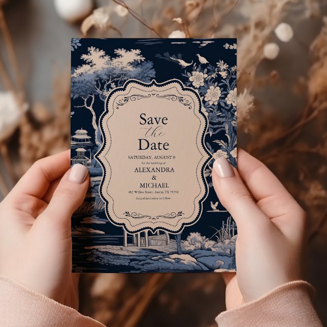 Save The Date Elégant Toile Bleue De Jouy Mariage (Créateur téléchargé)