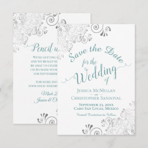 Save The Date Élégant tourbillon argenté Turquoise sur Mariage b