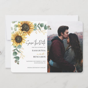 Save The Date Élégant Tournesol Eucalyptus 1 Photo Mariage