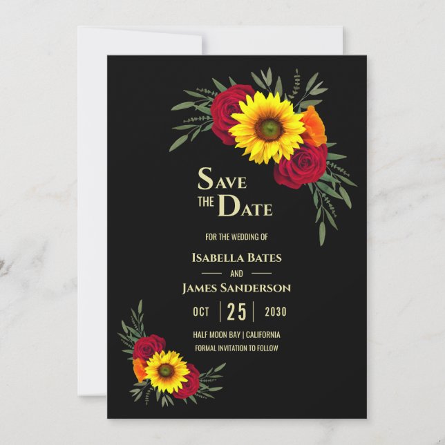 Save The Date Élégant tournesol noir Bourgogne Mariage Rose Enre (Devant)