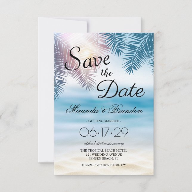 Save The Date Elégant Tropical Ocean Summer Beach Mariage (Devant)