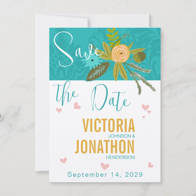 Save The Date Elégant Turquoise Damask Turquoise Pink Gold Maria (Devant)