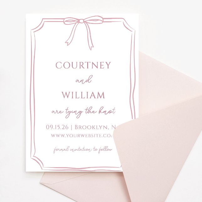 Save The Date Elégant "Tying the Knot" Rose dusty à poitrine tir (Invite your guests with this delicate dusty rose invitation—perfect for romantic, intimate weddings.)