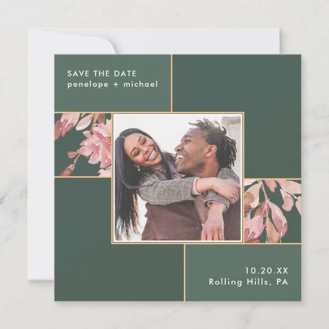 Save The Date Élégant vert avec Mariage photo rose floral (Devant)