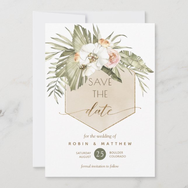 Save The Date Elégant Vert et Beige Palm Feuille Floral (Devant)