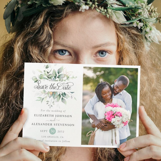 Save The Date Elégant vert rustique eucalyptus photo mariage (Créateur téléchargé)