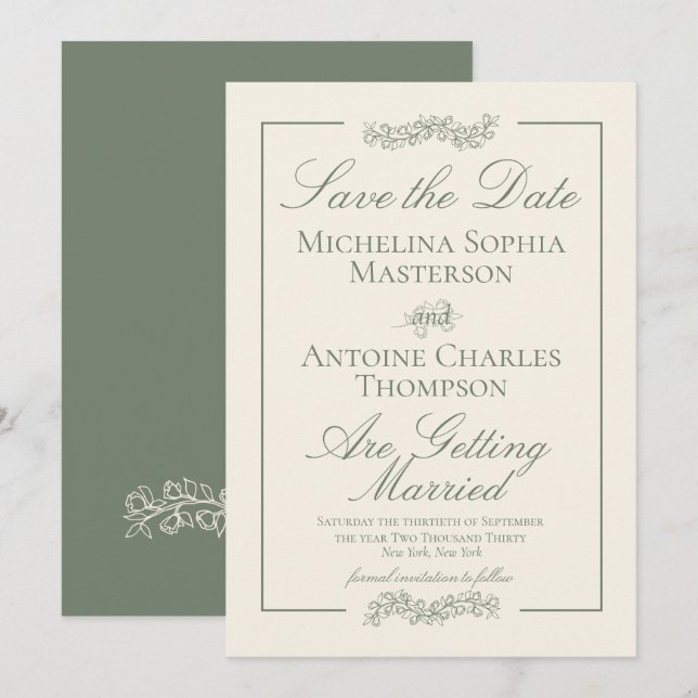 Save The Date Élégant Vert Sauge Formel Traditionnel | Mariage (Devant / Derrière)