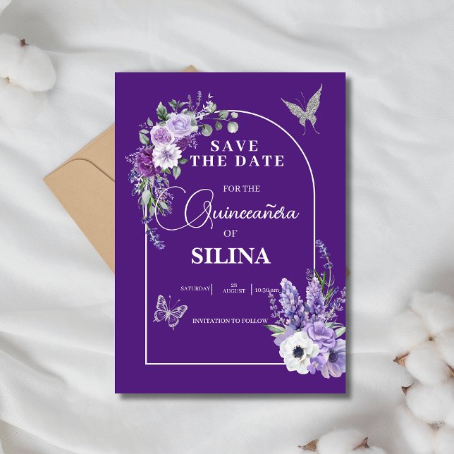 Save The Date Élégant violet Arc Floral Lavender Quinceañera (Créateur téléchargé)