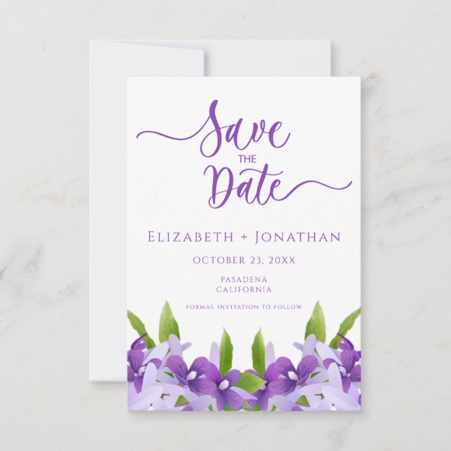 Save The Date Élégant violet vert Floral Feuille Mariage (Devant)